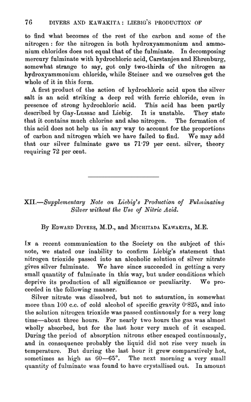 XII.—Supplementary note on Liebig's production of fulminating silver without the use of nitric acid