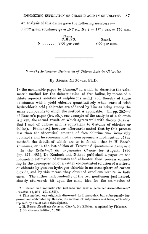 V.—The iodometric estimation of chloric acid in chlorates