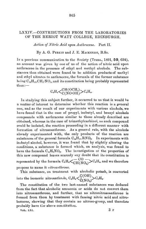 LXXIV.—Contributions from the Laboratories of the Heriot Watt College, Edinburgh. Action of nitric acid upon anthracene. Part II