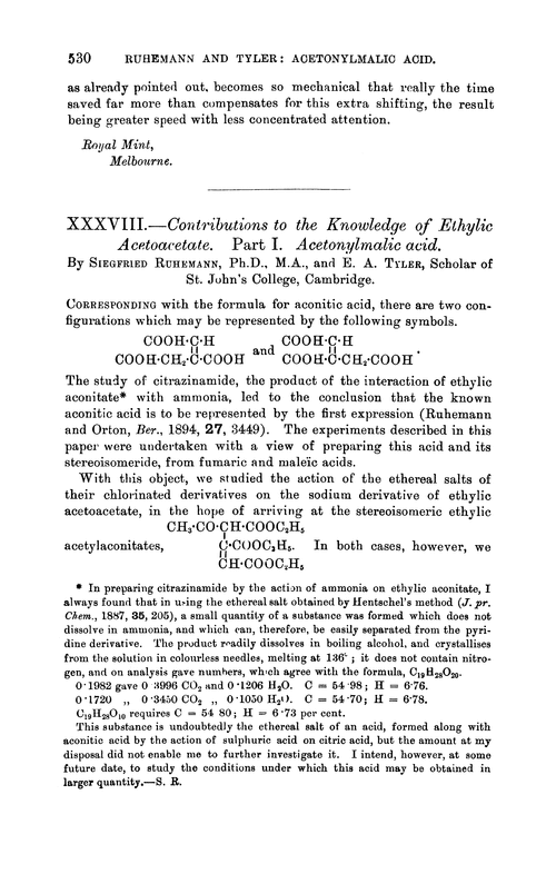XXXVIII.—Contributions to the knowledge of ethylic acetoacetate. Part I. Acetonylmalic acid