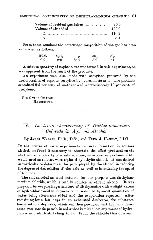 IV.—Electrical conductivity of diethylammonium chloride in aqueous alcohol