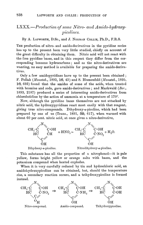 LXXX.—Production of some nitro- and amido-hydroxypicolines