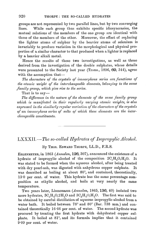 LXXXII.—The so-called hydrates of isopropylic alcohol