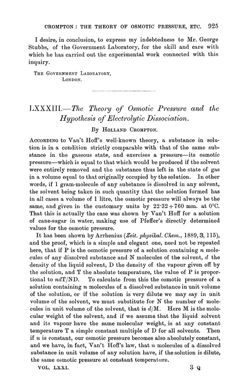 LXXXIII.—The theory of osmotic pressure and the hypothesis of electrolytic dissociation