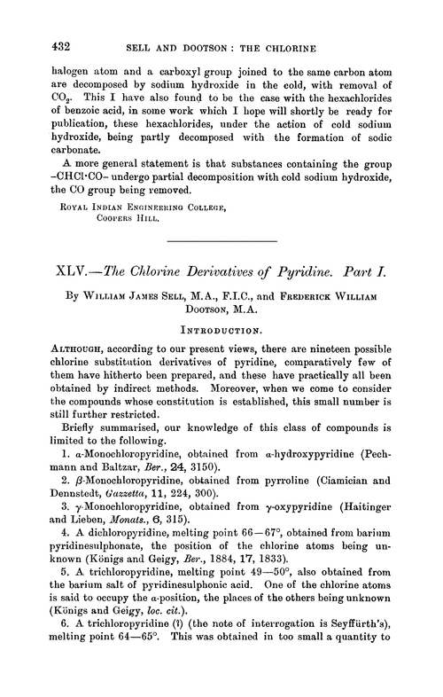 XLV.—The chlorine derivatives of pyridine. Part I