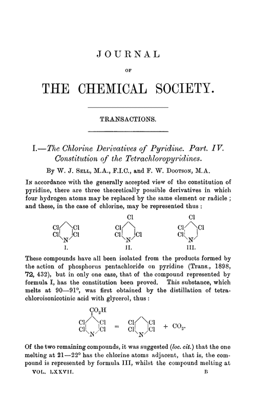 I.—The chlorine derivatives of pyridine. Part IV. Constitution of the tetrachloropyridines
