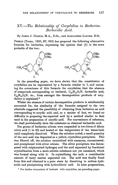 XV.—The relationship of corydaline to berberine. Berberidic acid