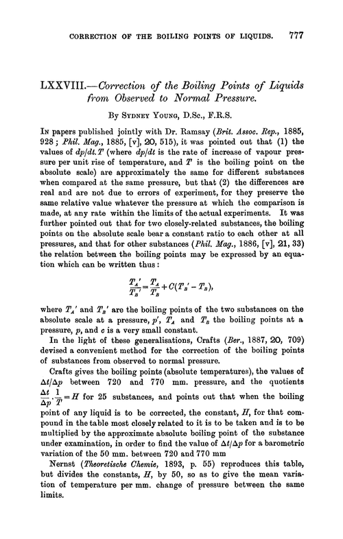 LXXVIII.—Correction of the boiling points of liquids from observed to normal pressure