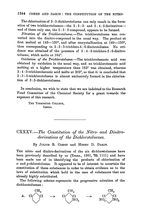CXXXV.—The constitution of the nitro- and dinitro-derivatives of the dichlorotoluenes