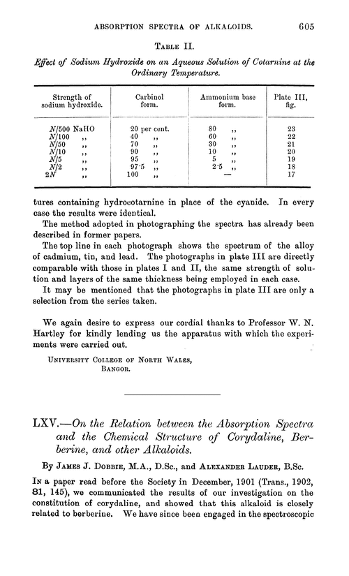 LXV.—On the relation between the absorption spectra and the chemical structure of corydaline, berberine, and other alkaloids