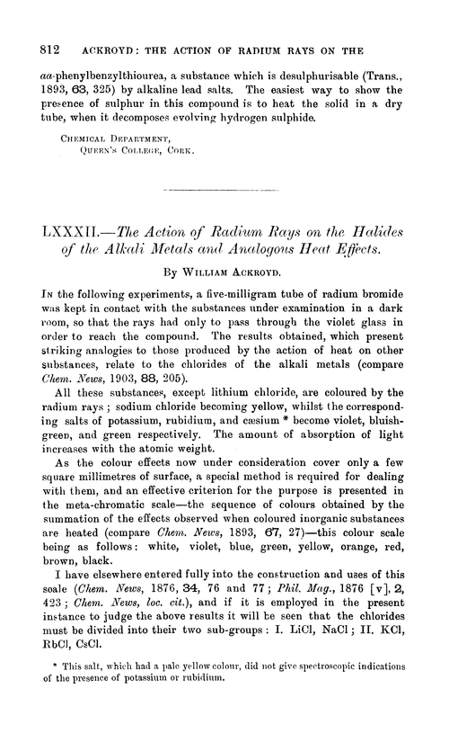 LXXXII.—The action of radium rays on the halides of the alkali metals and analogous heat effects