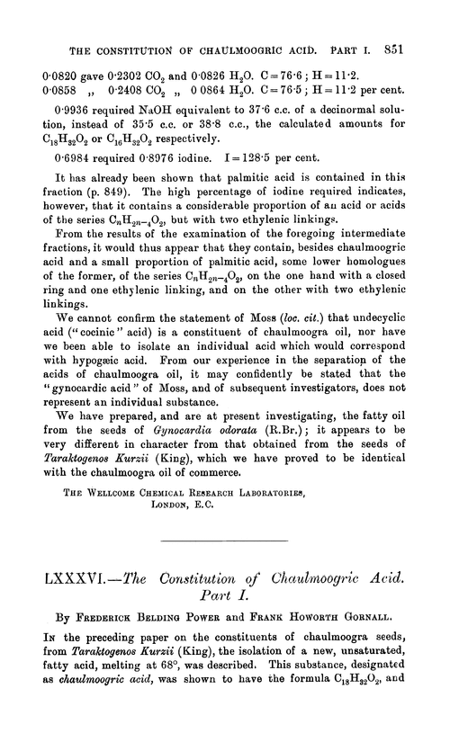 LXXXVI.—The constitution of chaulmoogric acid. Part I