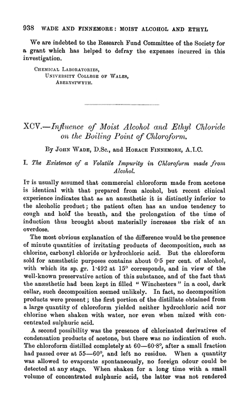 XCV.—Influence of moist alcohol and ethyl chloride on the boiling point of chloroform