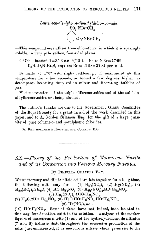 XX.—Theory of the production of mercurous nitrite and of its conversion into various mercury nitrates