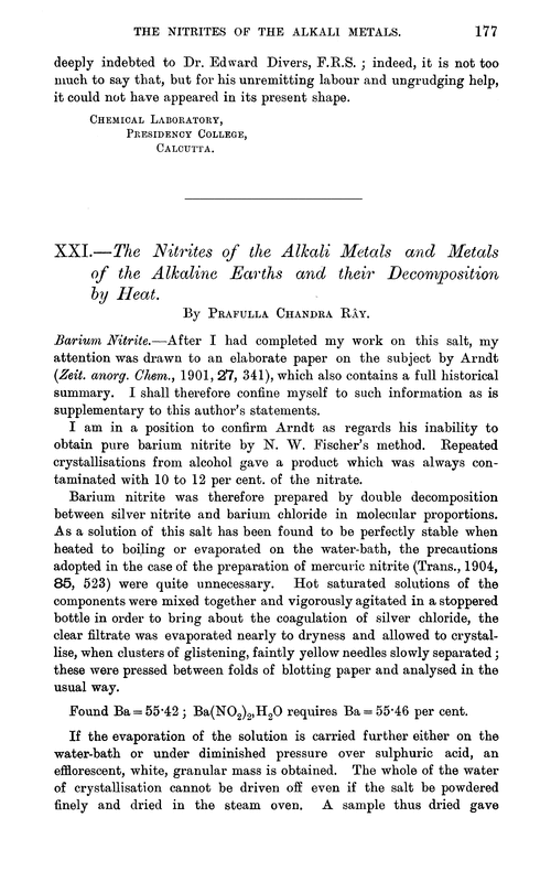 XXI.—The nitrites of the alkali metals and metals of the alkaline earths and their decomposition by heat