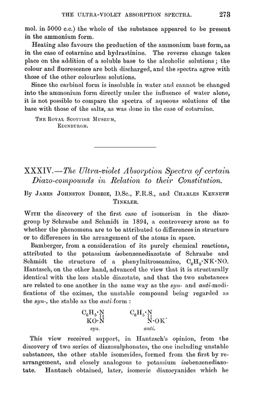 XXXIV.—The ultra-violet absorption spectra of certain diazo-compounds in relation to their constitution