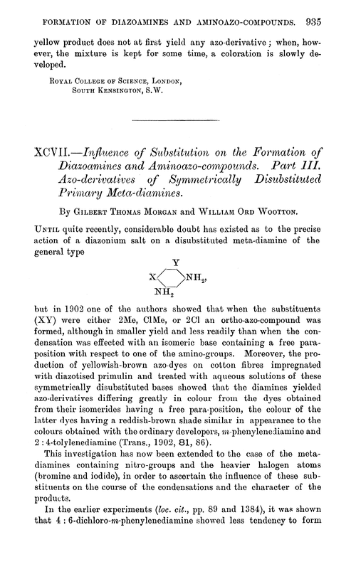 XCVII.—Influence of substitution on the formation of diazoamines and aminoazo-compounds. Part III. Azo-derivatives of symmetrically disubstituted primary meta-diamines