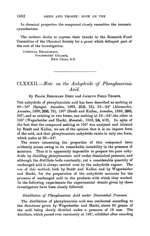 CLXXXII.—Note on the anhydride of phenylsuccinic acid