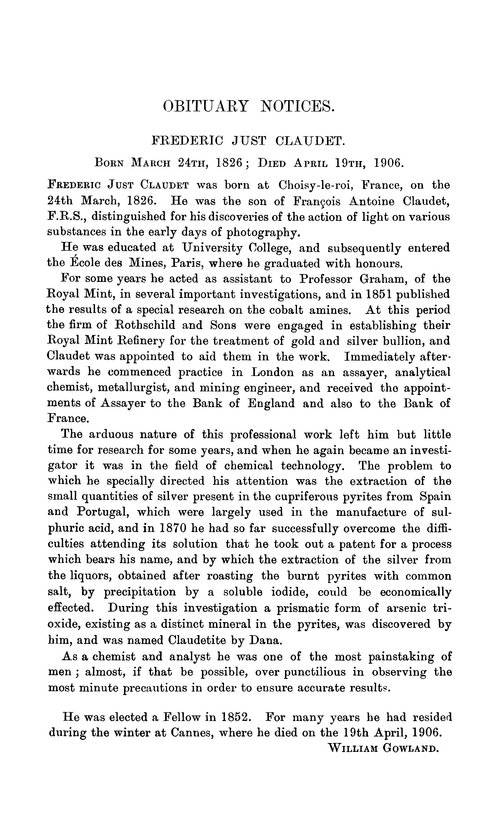 Obituary notices: Frederic Just Claudet, 1826–1906; Hermann Johann Philipp Sprengel, 1834–1906; George Bowdler Buckton, 1818–1905