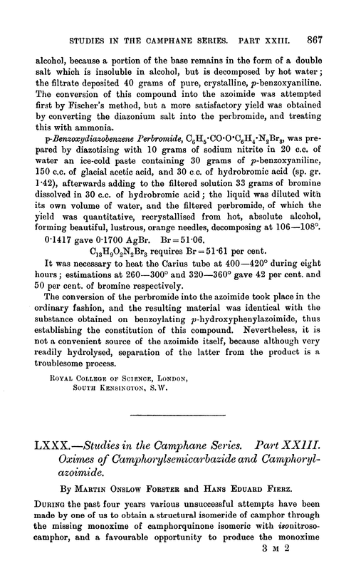 LXXX.—Studies in the camphane series. Part XXIII. Oximes of camphorylsemicarbazide and camphorylazoimide