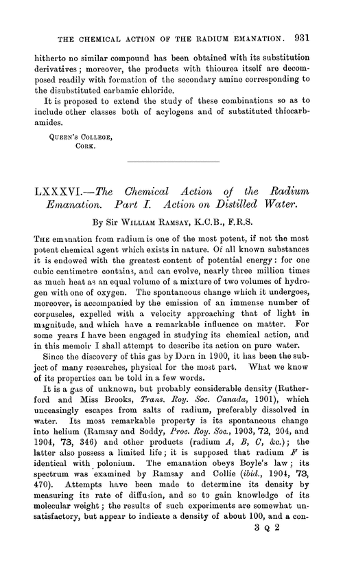 LXXXVI.—The chemical action of the radium emanation. Part I. Action on distilled water