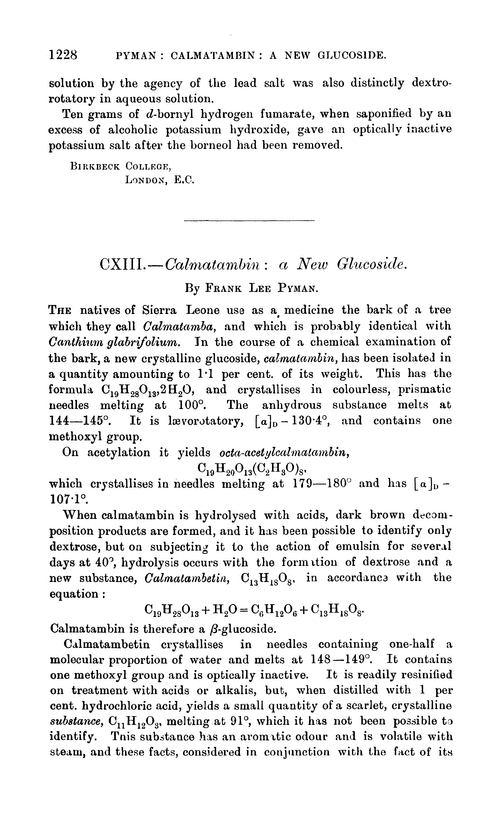 CXIII.—Calmatambin: a new glucoside
