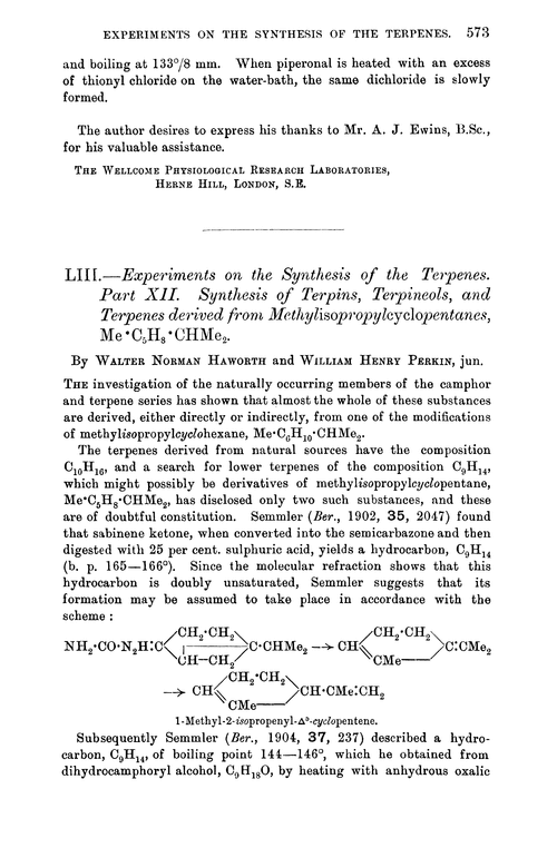 LIII.—Experiments on the synthesis of the terpenes. Part XII. Synthesis of terpins, terpineols, and terpenes derived from methylisopropylcyclopentanes, Me·C5H8·CHMe2