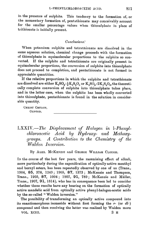 LXXIV.—The displacement of halogen in l-pheynylchloroacetic acid by hydroxy- and methoxy-groups. A contribution to the chemistry of the Walden inversion