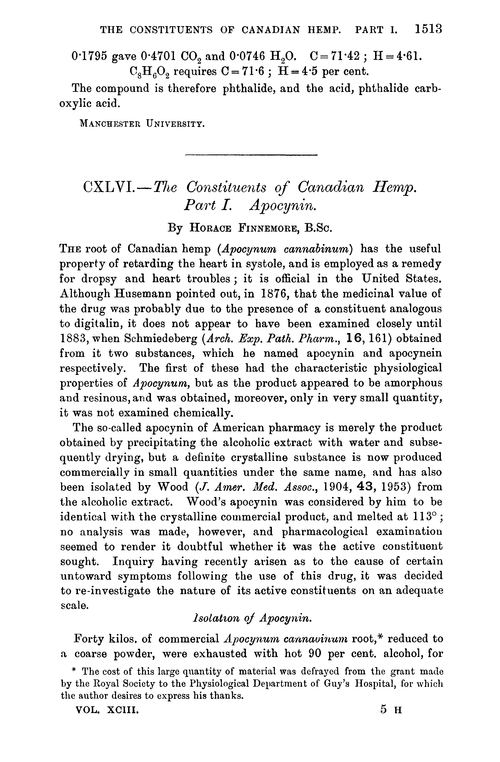 CXLVI.—The constituents of Canadian hemp. Part I. Apocynin