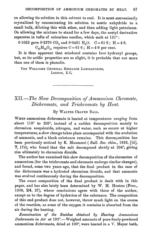 XII.—The slow decomposition of ammonium chromate, dichromate, and trichromate by heat