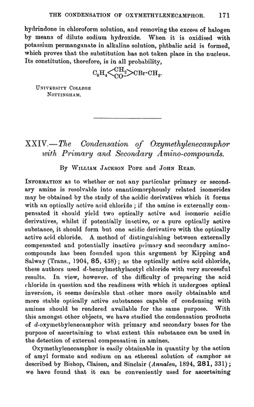 XXIV.—The condensation of oxymethylenecamphor with primary and secondary amino-compounds