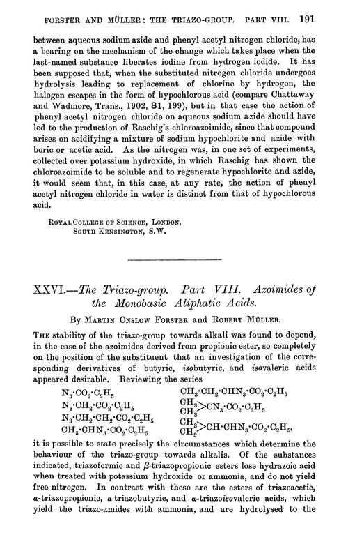 XXVI.—The triazo-group. Part VIII. Azoimides of the monobasic aliphatic acids