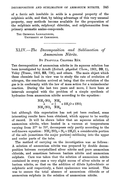 XLIV.—The decomposition and sublimation of ammonium nitrite