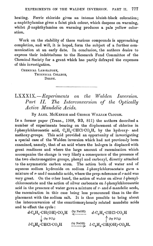 LXXXIX.—Experiments on the Walden inversion. Part II. The interconversion of the optically active mandelic acids