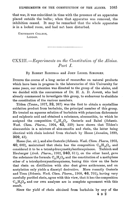 CXXIII.—Experiments on the constitution of the aloins. Part I