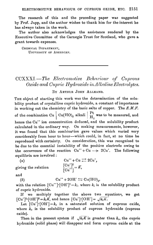 CCXXXI.—The electromotive behaviour of cuprous oxide and cupric hydroxide in alkaline electrolytes