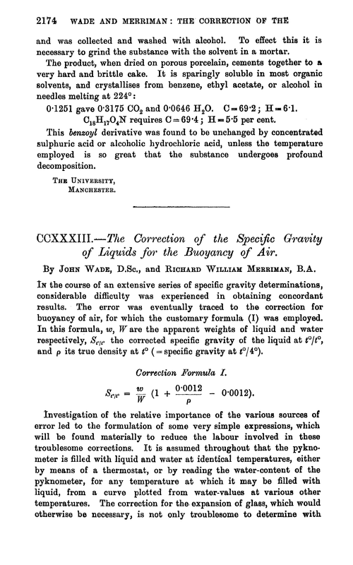 CCXXXIII.—The correction of the specific gravity of liquids for the buoyancy of air