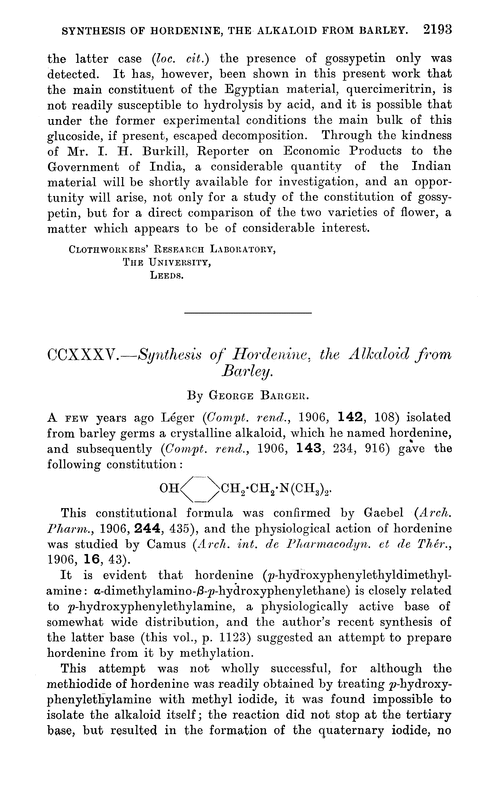 CCXXXV.—Synthesis of hordenine, the alkaloid from barley