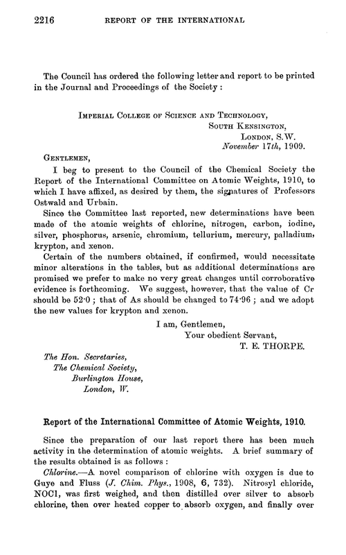 Report of the International Committee of Atomic Weights, 1910