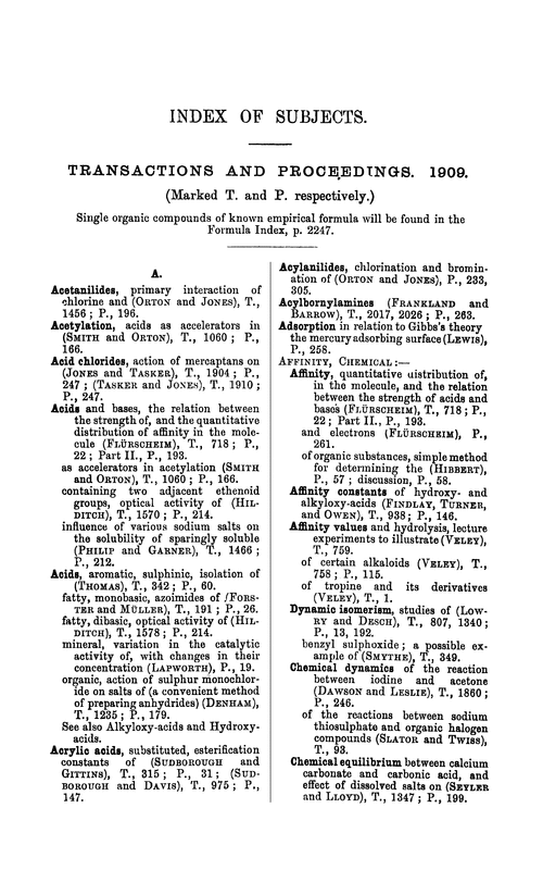 Index of subjects, 1909