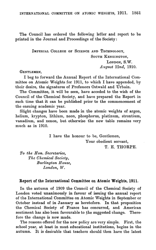 Report of the International Committee on Atomic Weights, 1911