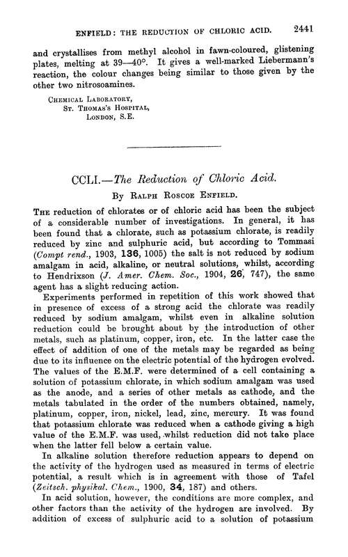CCLI.—The reduction of chloric acid