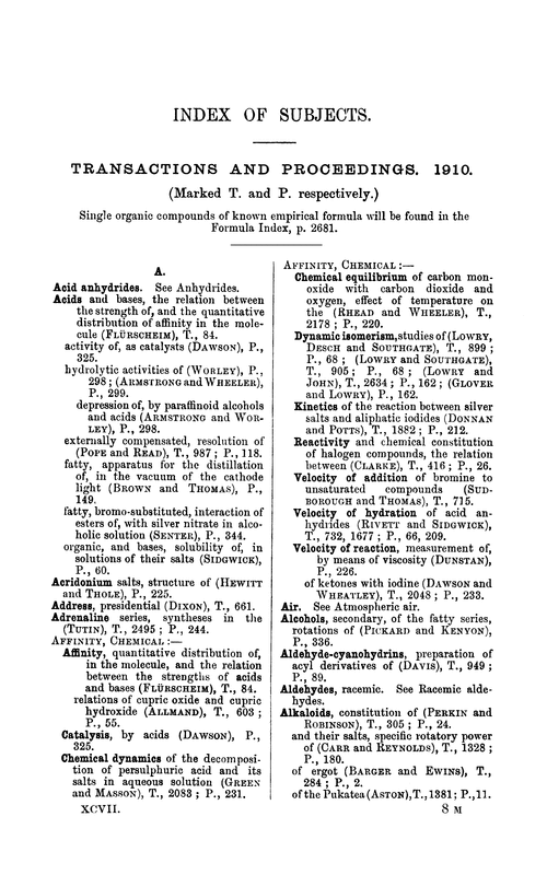 Index of subjects, 1910