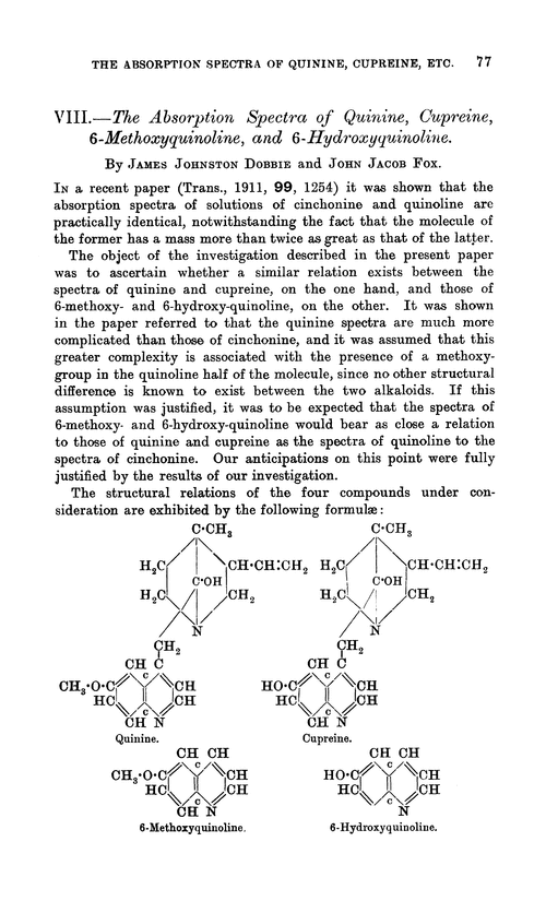VIII.—The absorption spectra of quinine, cupreine, 6-methoxyquinoline, and 6-hydroxyquinoline