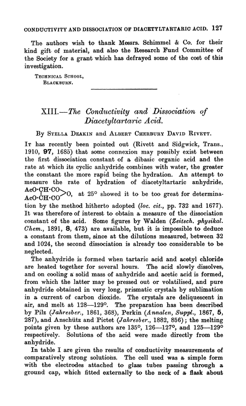 XIII.—The conductivity and dissociation of diacetyltartaric acid