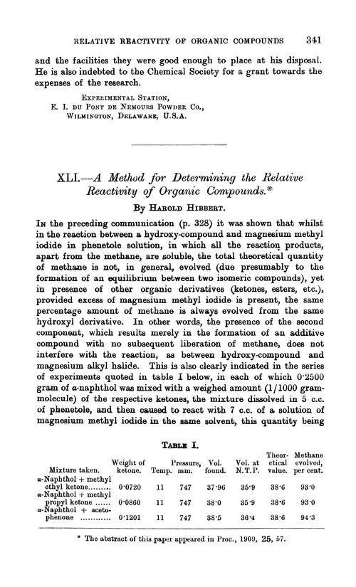 XLI.—A method for determining the relative reactivity of organic compounds