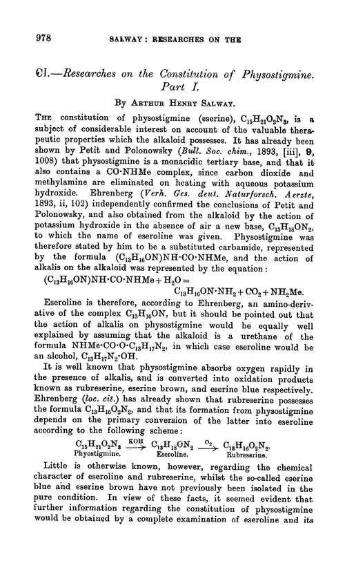 CI.—Researches on the constitution of physostigmine. Part I