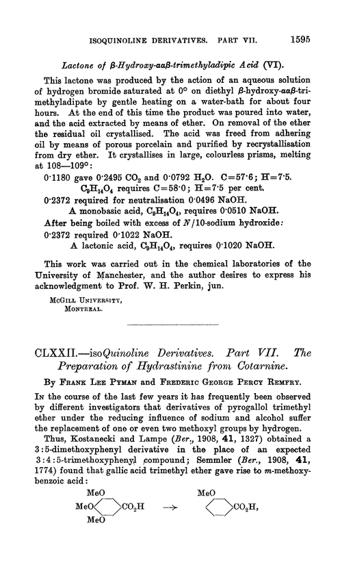 CLXXII.—isoQuinoline derivatives. Part VII. The preparation of hydrastinine from cotarnine