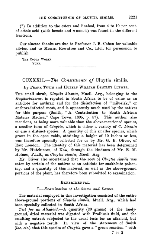 CCXXXII.—The constituents of Cluytia similis