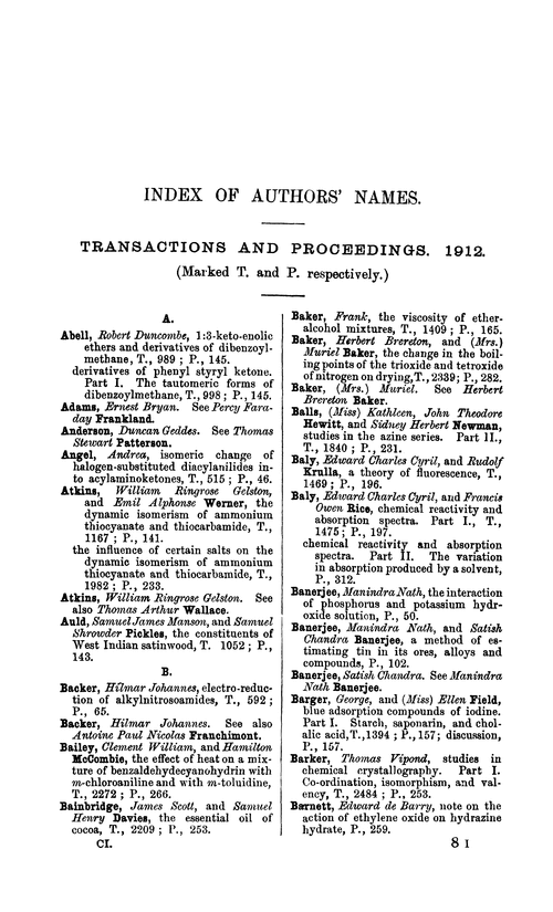 Index of authors' names, 1912